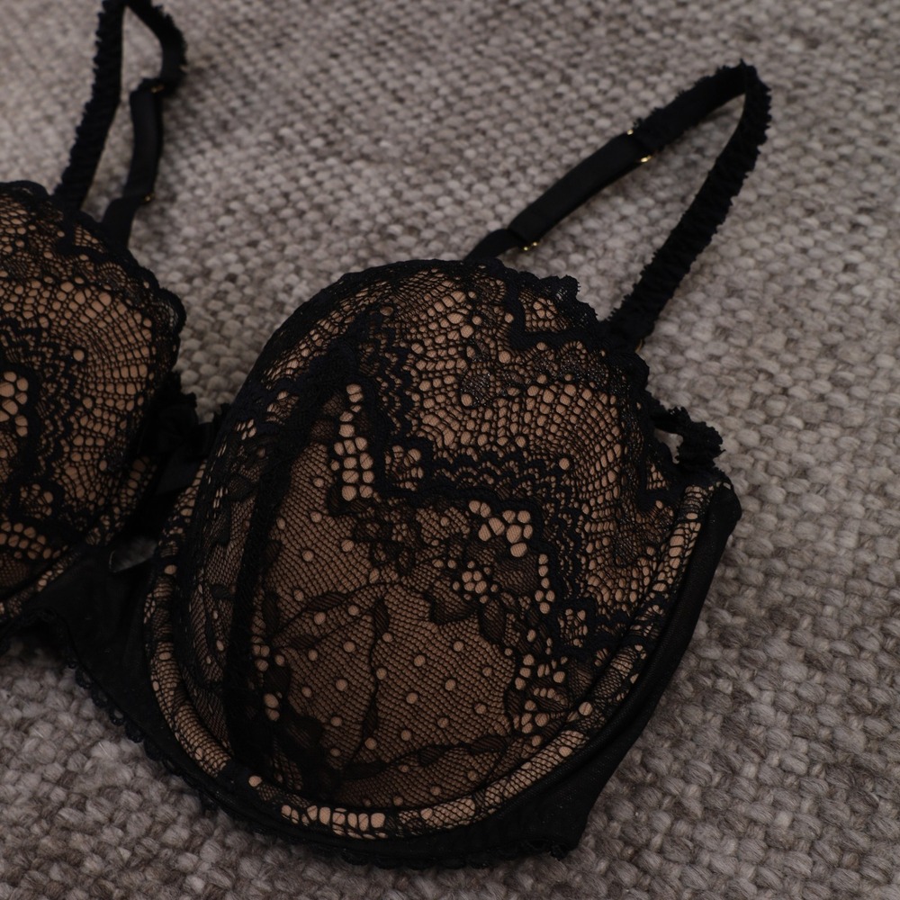 Adore Me Balconette Bra Womens 38DD Black Nude Lace Underwire Gold Trim